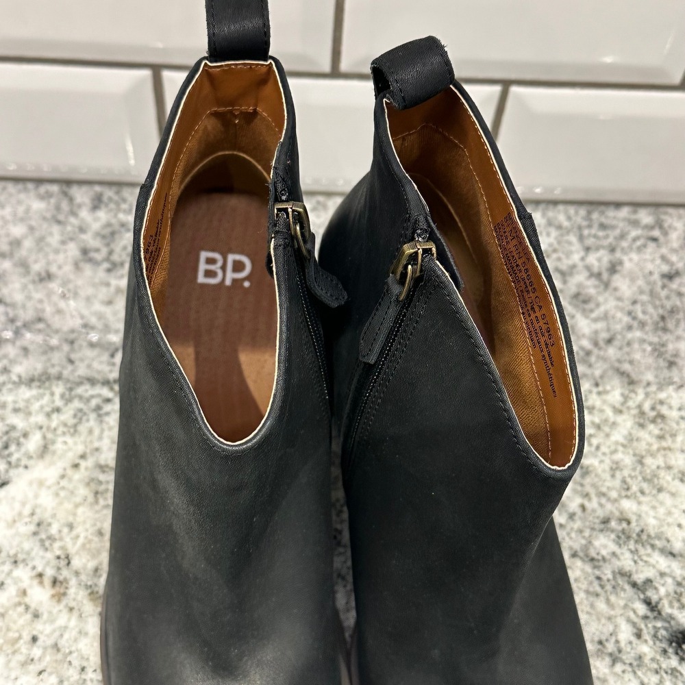 BP. Women 8.5 Lance Leather Ankle Booties Black Stacked Block Heel Side Zip - Picture 7 of 7